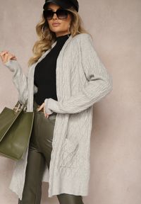 Renee - Szary Kardigan Nierozpinany o Długim Kroju Ozdobiony Tłoczeniem Vailithe. Okazja: na co dzień, na spacer. Kolor: szary. Materiał: jeans. Długość: długie. Wzór: aplikacja. Styl: casual, elegancki