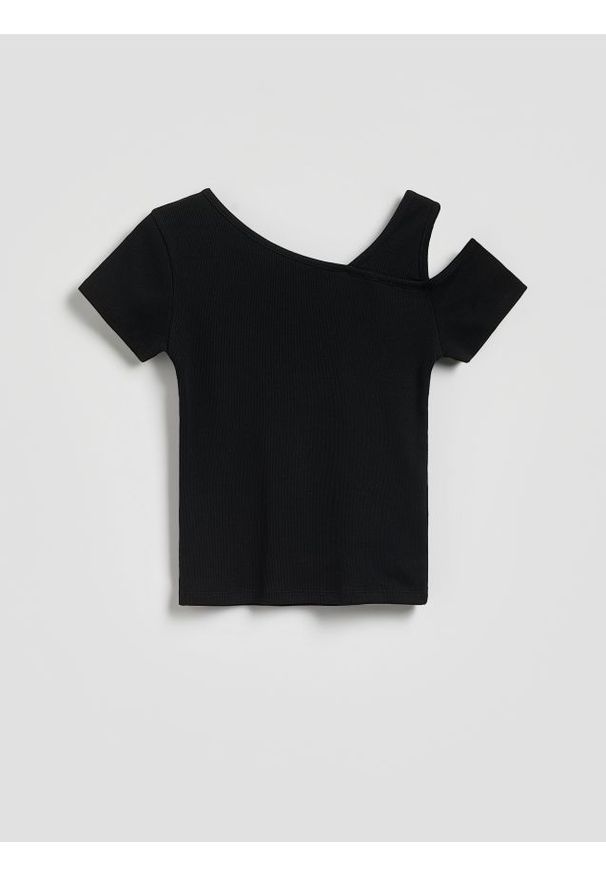 Reserved - T-shirt z wycięciem na ramieniu - czarny. Kolor: czarny. Materiał: bawełna