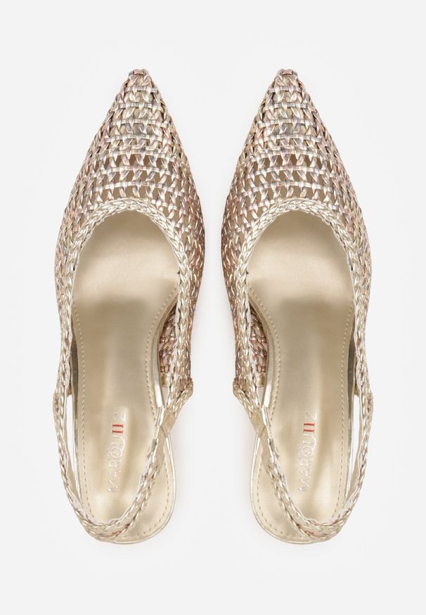 Born2be - Złote Ażurowe Czółenka z Plecionki na Szpilce z Odkrytą Piętą Akisishia. Okazja: na co dzień. Kolor: złoty. Materiał: len. Wzór: ażurowy. Obcas: na szpilce. Styl: boho, casual, elegancki