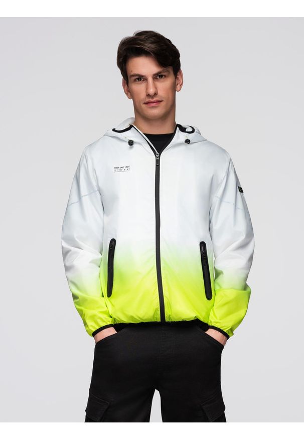Ombre Clothing - Sportowa kurtka męska z efektem ombre i odblaskami - biało-limonkowa V1 - Rozmiar: L. Kolor: biały. Materiał: materiał, poliester. Wzór: nadruk, aplikacja. Styl: sportowy