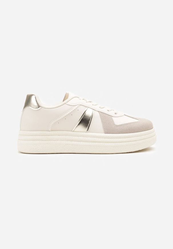 Renee - Beżowo-Złote Sneakersy na Platformie Ozdobione Paskami ze Sznurowaniem Bormi. Okazja: na co dzień. Zapięcie: pasek. Kolor: beżowy. Materiał: jeans, skóra. Wzór: aplikacja. Obcas: na platformie