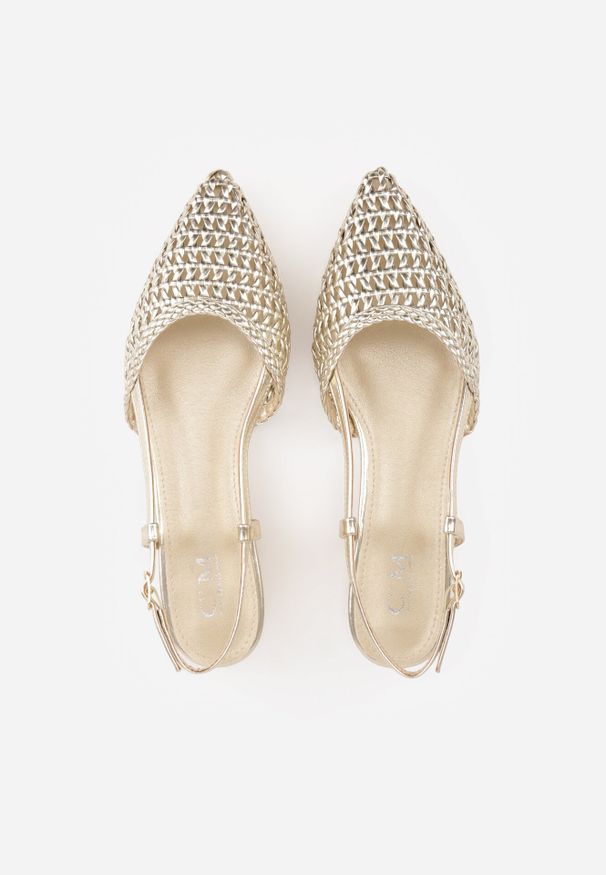 Born2be - Złote Sandały Ozdobione Plecionką Melorah. Okazja: na co dzień. Zapięcie: sprzączka. Kolor: złoty. Materiał: jeans. Wzór: aplikacja. Styl: casual, elegancki