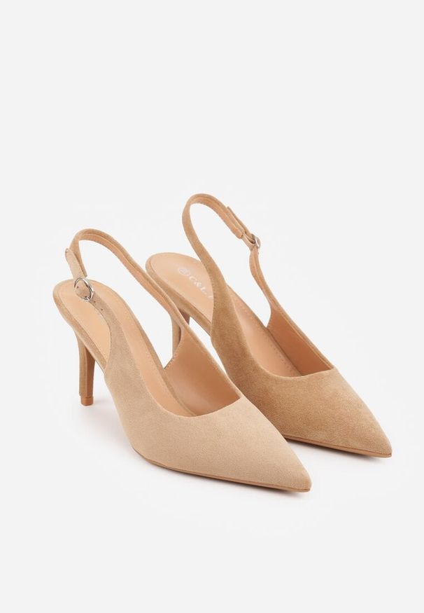 Renee - Ciemnobeżowe Sandały na Szpilce w Stylu Slingback Tarosie. Okazja: na co dzień. Zapięcie: sprzączka. Kolor: beżowy. Materiał: jeans. Sezon: wiosna. Obcas: na szpilce. Styl: casual, elegancki