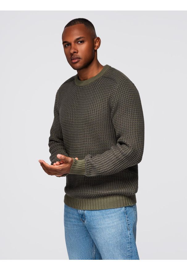 Ombre Clothing - Sweter męski o kontrastowym splocie z okrągłym dekoltem – ciemnooliwkowy V2 - Rozmiar: XXL. Okazja: na co dzień. Kolor: oliwkowy. Materiał: bawełna, dzianina. Wzór: ze splotem. Styl: casual