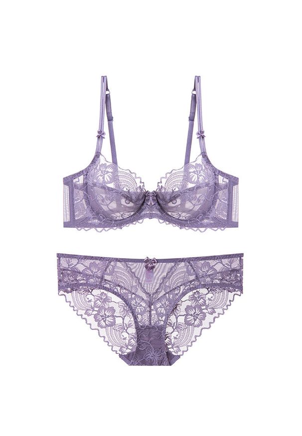 Intica - Komplet bielizny transparentnej z haftem Aleka. Kolor: fioletowy. Materiał: tkanina, materiał. Wzór: haft
