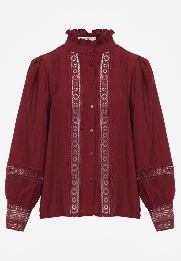 Renee - Bordowa Koszula ze Stójką i Koronką Phaeninca. Okazja: na co dzień. Typ kołnierza: kołnierzyk stójkowy. Kolor: czerwony. Materiał: koronka. Wzór: koronka. Styl: casual, elegancki