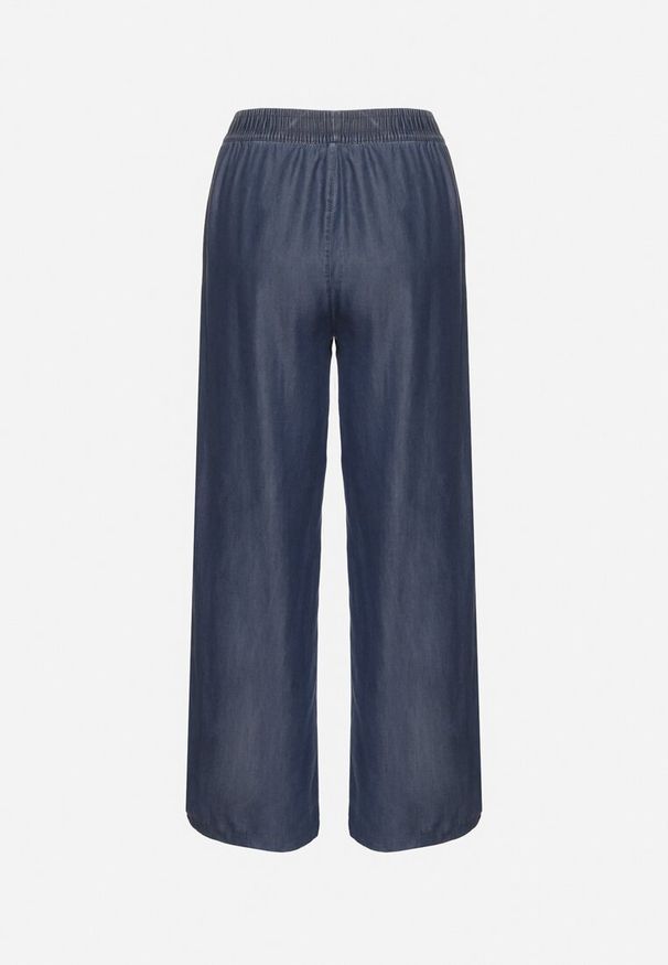 Born2be - Niebieskie Szerokie Spodnie z Bawełny Ozdobione Wiązaniem Evipoli. Okazja: na co dzień. Kolor: niebieski. Materiał: bawełna. Wzór: aplikacja. Styl: casual, klasyczny