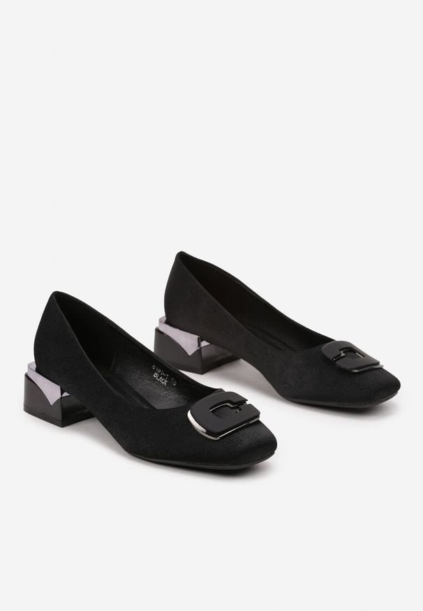 Renee - Czarne Eleganckie Czółenka na Słupku z Geometryczną Ozdobą Marithra. Okazja: na co dzień. Kolor: czarny. Wzór: aplikacja, geometria. Obcas: na słupku. Styl: elegancki