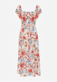 Renee - Beżowo-Różowa Kwiecista Sukienka z Wiskozy z Falbanką na Ramiączkach z Materiałowym Paskiem Nuclemia. Okazja: na co dzień. Typ kołnierza: dekolt kwadratowy, kołnierz z falbankami. Kolor: beżowy. Materiał: materiał, wiskoza. Długość rękawa: na ramiączkach. Sezon: lato. Styl: casual #3