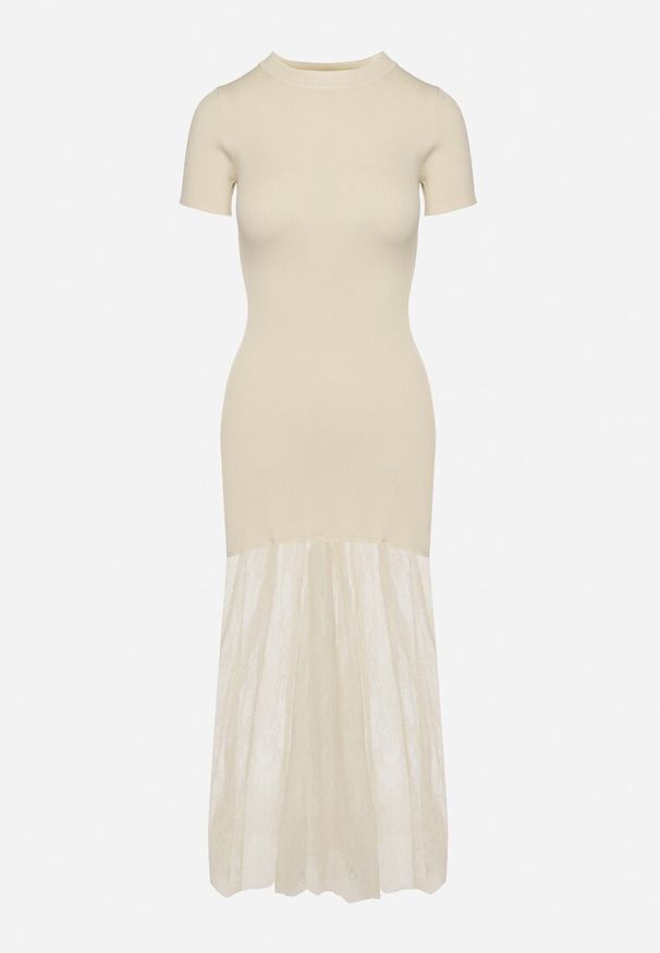 Born2be - Beżowa Prążkowana Sukienka z Koronkowym Dołem Vilzedi. Kolor: beżowy. Materiał: prążkowany, koronka. Typ sukienki: proste. Styl: glamour, elegancki