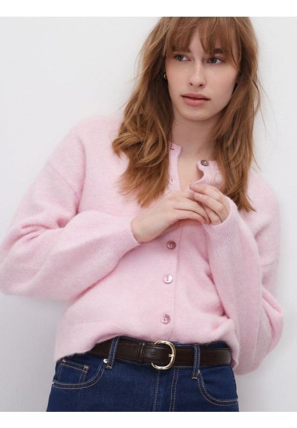 Reserved - Kardigan z wełną i alpaką - różowy. Kolor: różowy. Materiał: wełna