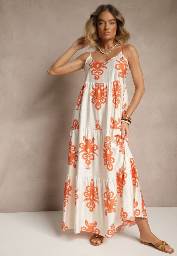 Renee - Pomarańczowa Rozkloszowana Sukienka z Wiskozy w Stylu Boho Terazi. Okazja: na co dzień. Kolor: pomarańczowy. Materiał: wiskoza. Długość rękawa: na ramiączkach. Sezon: lato. Typ sukienki: proste. Styl: boho