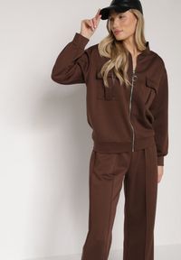 Born2be - Brązowy Bawełniany Komplet Dresowy Bluza na Suwak i Spodnie Tevrisa. Kolor: brązowy. Materiał: bawełna, dresówka. Sport: turystyka piesza