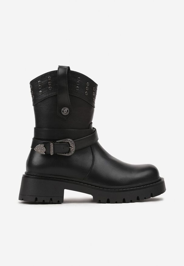 Born2be - Czarne Botki Bikery z Ozdobnymi Klamrami i Nitami Erianae. Okazja: na co dzień. Zapięcie: klamry. Kolor: czarny. Materiał: jeans, skóra. Styl: casual, elegancki, rockowy