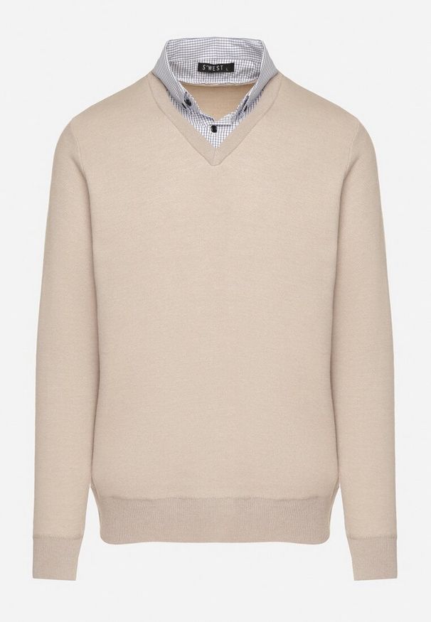 Born2be - Beżowy Sweter z Wełną i Koszulowym Kołnierzykiem Espirra. Okazja: na spotkanie biznesowe, do pracy, na co dzień. Typ kołnierza: kołnierzyk koszulowy. Kolor: beżowy. Materiał: wełna. Styl: biznesowy, casual, elegancki