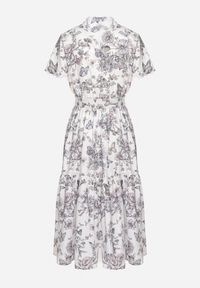 Born2be - Biało-Szara Koktajlowa Sukienka w Kwiaty z Gumką w Talii i Ozdobnym Paskiem Vimaretta. Okazja: na co dzień. Kolor: biały. Materiał: jeans, tkanina. Wzór: kwiaty. Sezon: lato. Styl: wizytowy #6