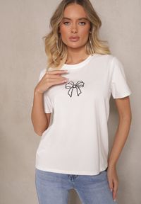 Renee - Biała Bluzka z Bawełny z Motywem Kokardki Norimar. Okazja: na co dzień. Typ kołnierza: kokarda. Kolor: biały. Materiał: bawełna. Długość rękawa: krótki rękaw. Długość: krótkie. Styl: klasyczny, elegancki, casual