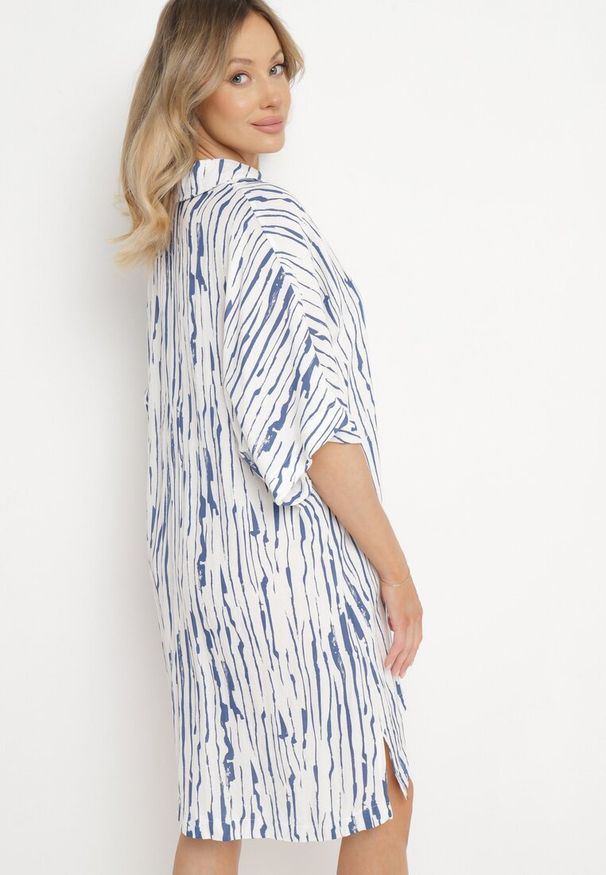 Born2be - Biała Sukienka z Bawełny i Lnu z Kołnierzykiem Bumstolia. Okazja: na co dzień, do pracy, na spotkanie biznesowe. Typ kołnierza: dekolt w kształcie V. Kolekcja: plus size. Kolor: biały. Materiał: bawełna, len. Typ sukienki: dla puszystych, proste. Styl: casual, biznesowy