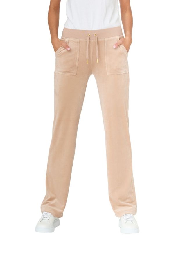 Juicy Couture - JUICY COUTURE Beżowe damskie spodnie Del Ray, Rozmiar S. Kolor: beżowy. Materiał: welur, poliester. Wzór: haft