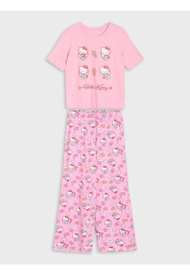 Sinsay - Bawełniana piżama dwuczęściowa z nadrukiem Hello Kitty - różowy. Kolor: różowy. Materiał: bawełna. Wzór: motyw z bajki, nadruk