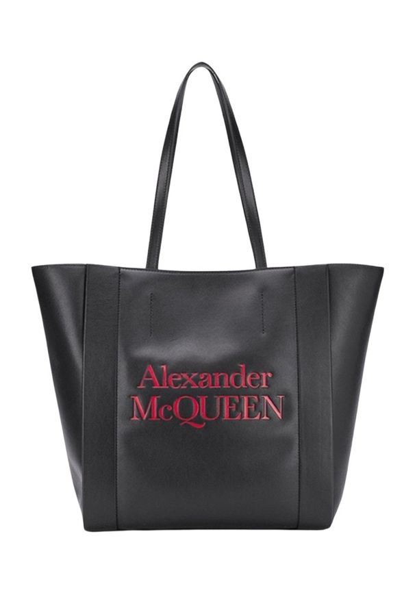 Alexander McQueen - ALEXANDER MCQUEEN Czarna skórzana shopperka z czerwonym logo. Kolor: czarny. Materiał: skórzane
