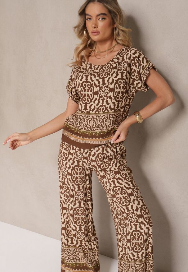 Renee - Ciemnobrązowy Komplet Spodnie i Bluzka z Bawełny w Ornamentalny Print Nanitria. Kolor: brązowy. Materiał: bawełna. Wzór: nadruk