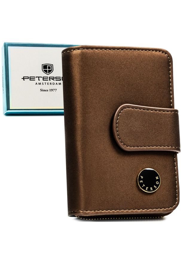 Portfel damski ze skóry naturalnej i ekologicznej w brązowym kolorze, wyposażony w system RFID - Peterson. Kolor: brązowy