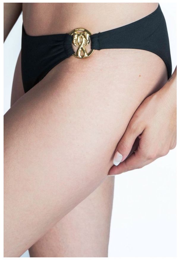 MOSCHINO SWIM Dół od bikini ze złotym metalowym logo, Rozmiar M. Kolor: czarny. Materiał: poliamid, materiał. Wzór: nadruk, gładki