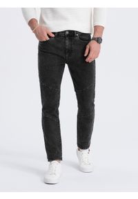 Ombre Clothing - Spodnie męskie jeansowe slim fit z przeszyciem na kolanach - czarne V2 OM-PADP-0109 - XXL. Kolor: czarny. Materiał: jeans. Wzór: aplikacja #1