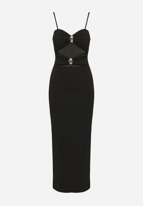 Born2be - Czarna Sukienka Dopasowana na Ramiączkach z Wycięciami pod Biustem i Metalowymi Detalami Galentia. Okazja: na co dzień. Kolor: czarny. Długość rękawa: na ramiączkach. Styl: casual, klasyczny