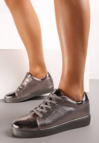 Renee - Szare Sznurowane Sneakersy z Lakierowanymi Wstawkami i Skórzaną Wkładką Brody. Kolor: szary. Materiał: skóra, lakier #4