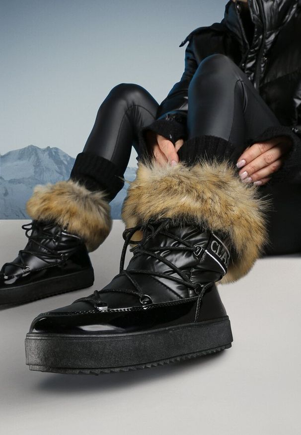 Born2be - Czarne Śniegowce z Futerkiem i Sznurowaniem Plotia. Okazja: na co dzień. Kolor: czarny. Materiał: futro. Wzór: ze splotem. Styl: elegancki, casual, klasyczny