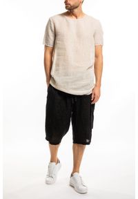 Takeshy Kurosawa T-shirt "Lino" | 83333 | Lino | Mężczyzna | Beżowy. Okazja: na co dzień. Kolor: beżowy. Materiał: bawełna, poliester, len. Wzór: aplikacja. Styl: casual #3