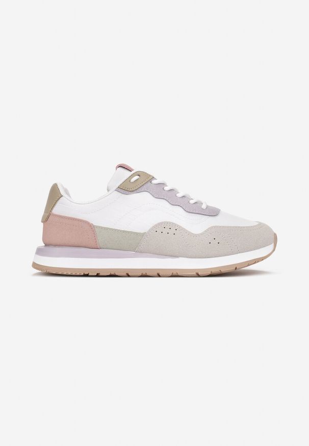 Renee - Biało-Fioletowe Sneakersy Zdobione Wstawkami z Imitacji Skóry Fayela. Kolor: fioletowy. Materiał: skóra. Wzór: aplikacja