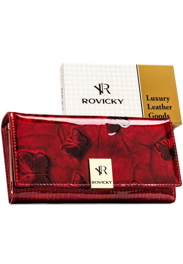 ROVICKY - Duży portfel damski z lakierowanej skóry naturalnej w czerwonym kolorze, wyposażony w system RFID Rovicky RH-24A-1-DBF. Kolor: czerwony. Materiał: skóra, lakier