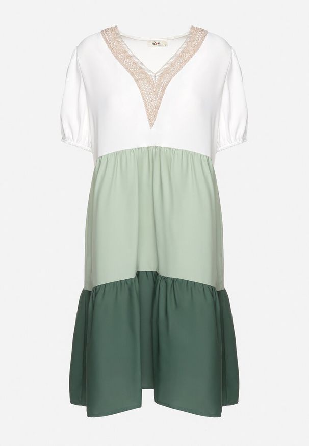 Born2be - Beżowo-Zielona Pudełkowa Sukienka z Haftem przy Dekolcie Moetta. Kolor: beżowy. Wzór: haft