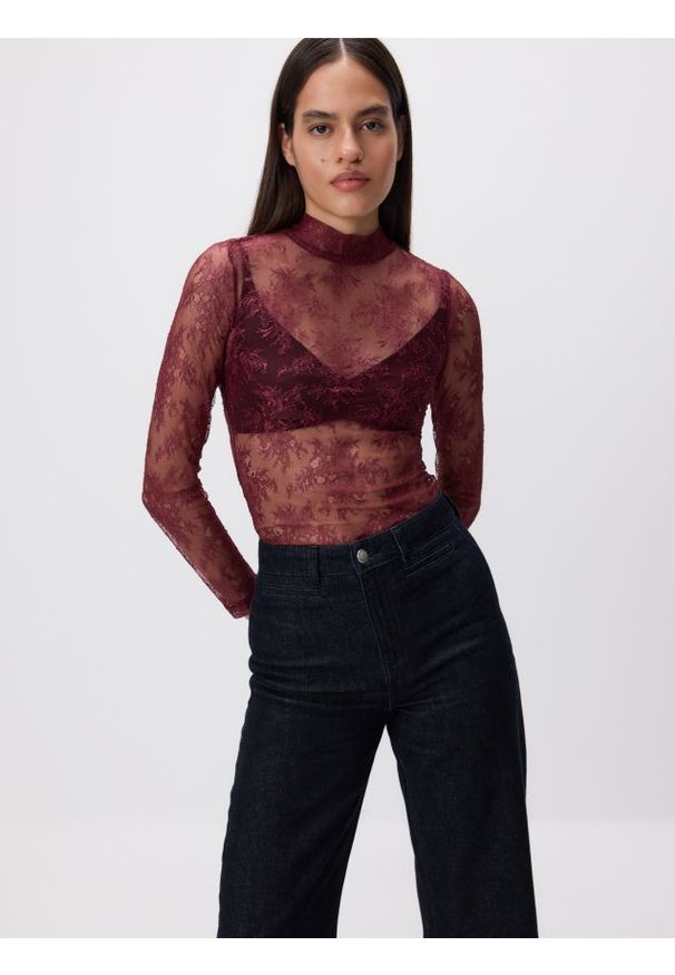 Reserved - Koronkowa bluzka - ciemnobrązowy. Kolor: brązowy. Materiał: koronka