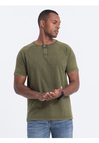 Ombre Clothing - T-shirt męski z dekoltem henley - ciemnooliwkowy V4 - Rozmiar: S. Typ kołnierza: typu henley. Kolor: oliwkowy. Materiał: dzianina, bawełna. Długość rękawa: raglanowy rękaw #1