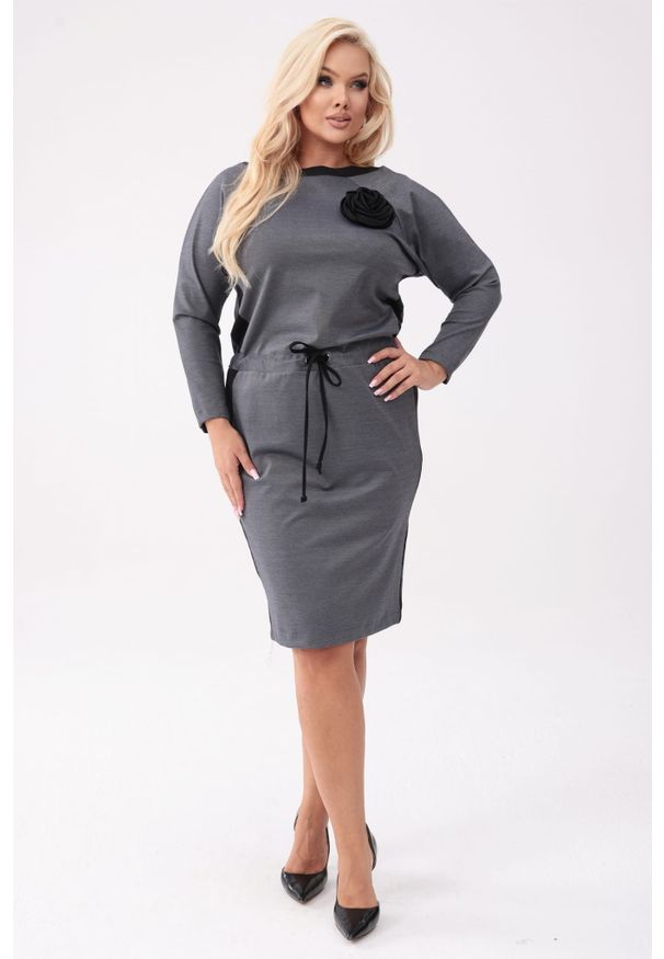 Moda Size Plus Iwanek - Elegancka szara ołówkowa sukienka Raya z czarnymi wstawkami i odpinaną różą PLUS SIZE XXL OVERSIZE. Okazja: na spotkanie biznesowe, do pracy, na co dzień. Typ kołnierza: dekolt w łódkę. Kolekcja: plus size. Kolor: czarny, szary, wielokolorowy. Wzór: aplikacja. Typ sukienki: oversize, dla puszystych, ołówkowe. Materiał: nylon, tkanina, wiskoza, materiał. Styl: elegancki. Długość: midi