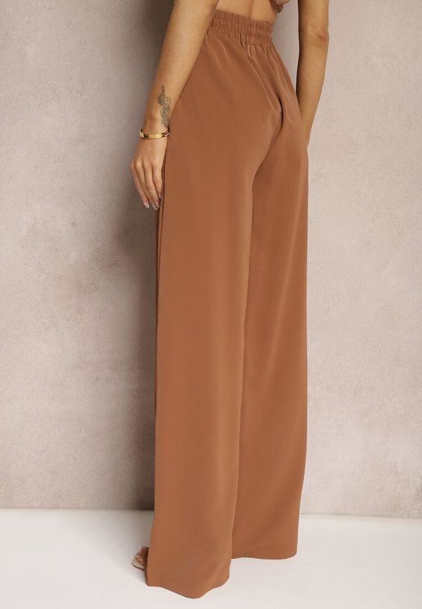 Renee - Brązowe Szerokie Spodnie High Waist z Gumką w Talii i Regulowanym Troczkiem Ekalea. Okazja: na co dzień. Stan: podwyższony. Kolor: brązowy. Styl: elegancki, casual