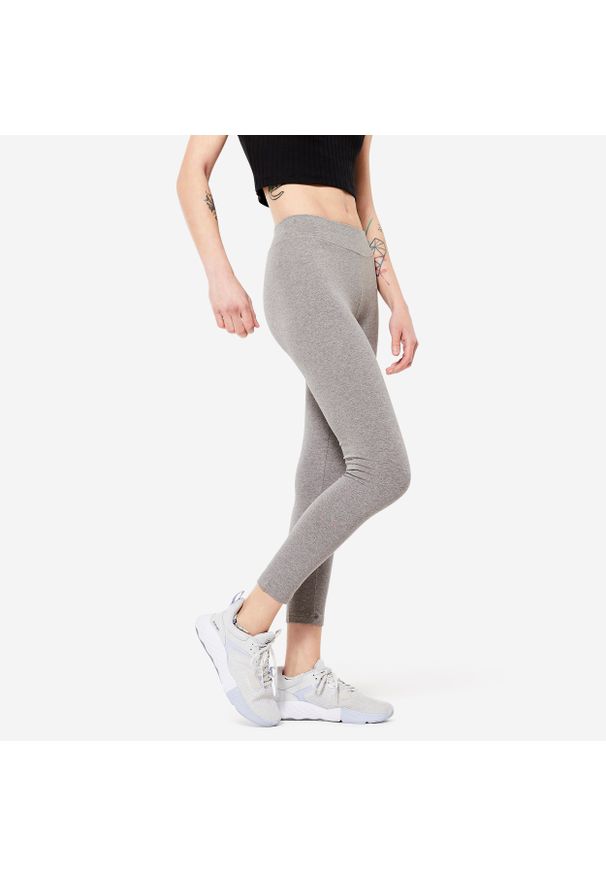 DOMYOS - Legginsy fitness damskie Domyos slim. Kolor: szary. Materiał: bawełna, materiał, elastan. Długość: długie. Sport: fitness