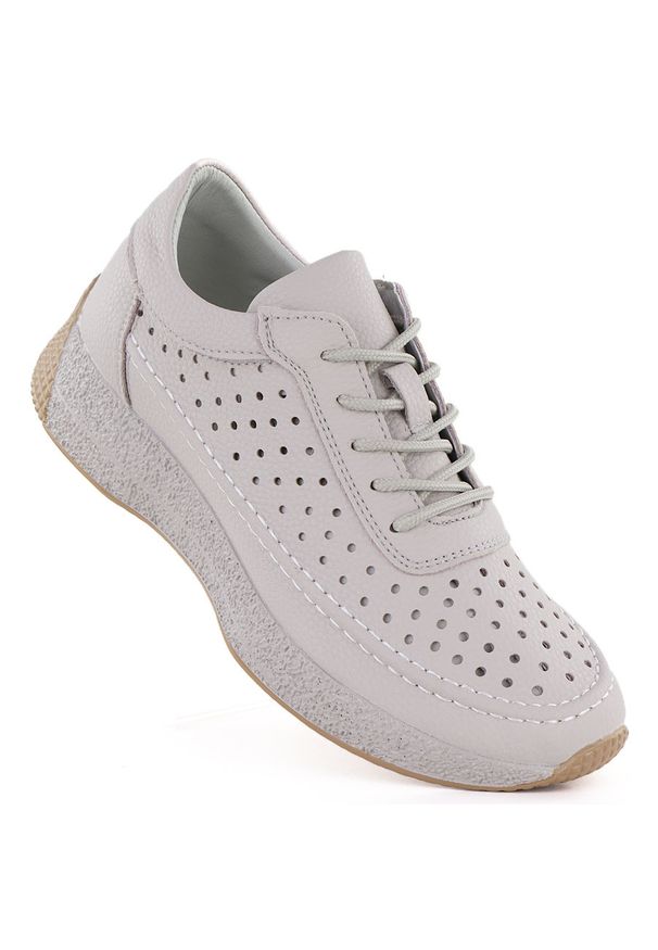 Skórzane półbuty damskie ażurowe szare Sergio Leone SP013. Kolor: szary. Materiał: skóra. Szerokość cholewki: normalna. Wzór: ażurowy