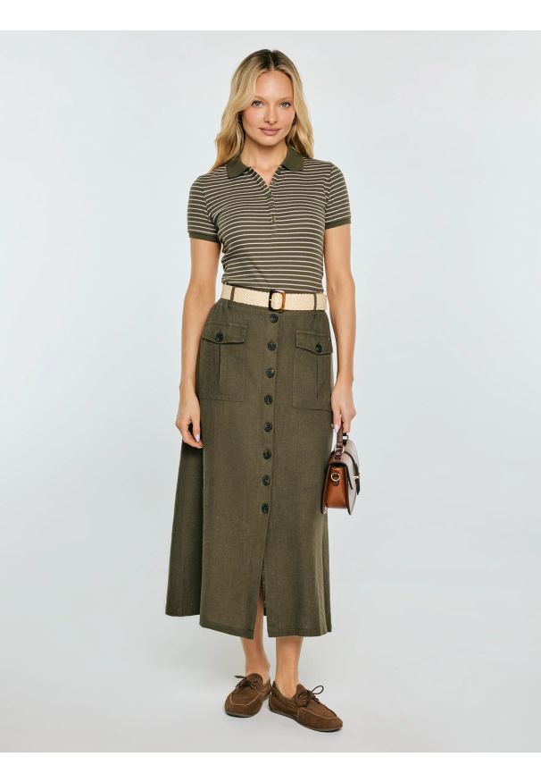 Big-Star - Spódnica damska lniana midi khaki Roliana 303. Okazja: na co dzień. Kolor: zielony. Materiał: len. Styl: casual