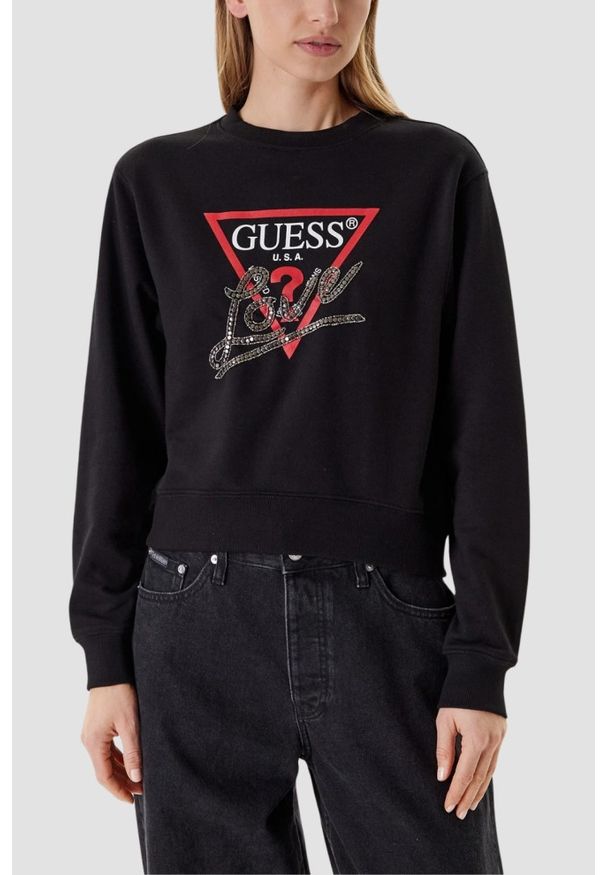Guess - GUESS Czarna damska bluza Studded Love, Rozmiar M. Kolor: czarny