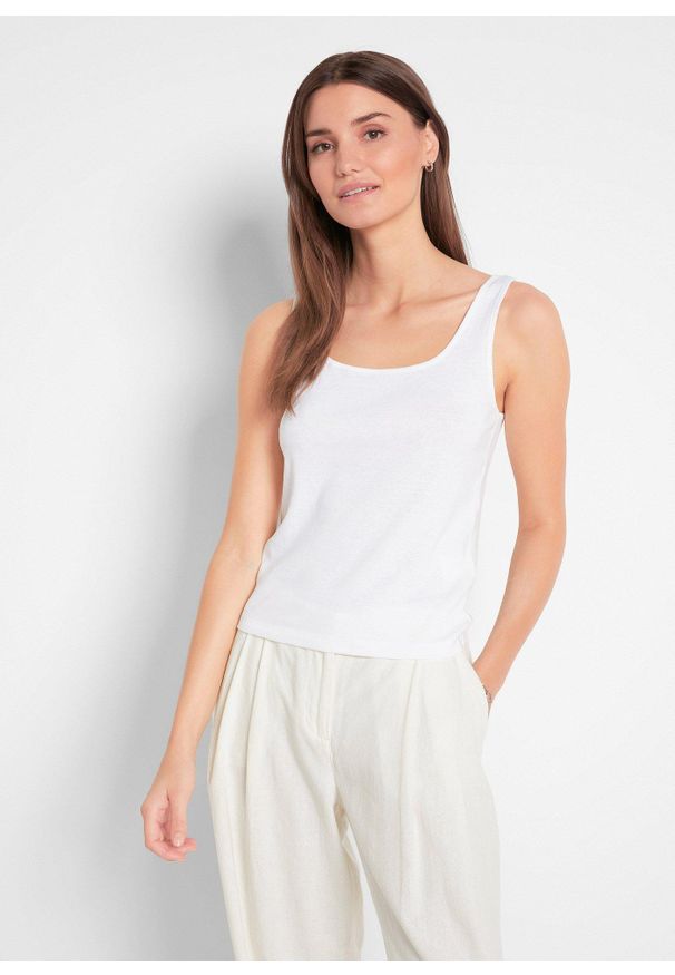 bonprix - Top w prążek z czystej bawełny. Typ kołnierza: dekolt w karo. Kolor: biały. Materiał: bawełna. Długość rękawa: na ramiączkach. Wzór: prążki. Styl: elegancki