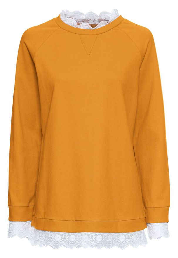 Bluza oversize z koronką bonprix miodowy. Kolor: pomarańczowy. Materiał: koronka. Wzór: koronka