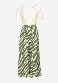 Born2be - Zielono-Beżowy Taliowany Kombinezon z Szerokimi Nogawkami i Paskiem w Talii Nellma. Okazja: na co dzień. Kolor: zielony. Materiał: wiskoza. Długość rękawa: krótki rękaw. Długość: krótkie. Styl: casual, elegancki #3