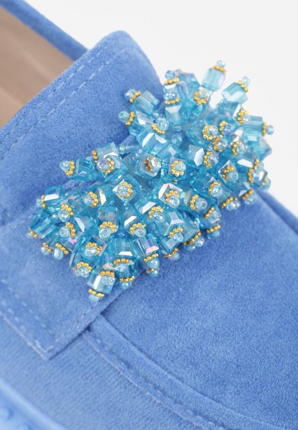 Renee - Niebieskie Mokasyny z Aplikacją z Biżuteryjnych Koralików Viatalia. Okazja: do pracy, na co dzień. Kolor: niebieski. Materiał: bawełna. Wzór: aplikacja. Styl: klasyczny, casual