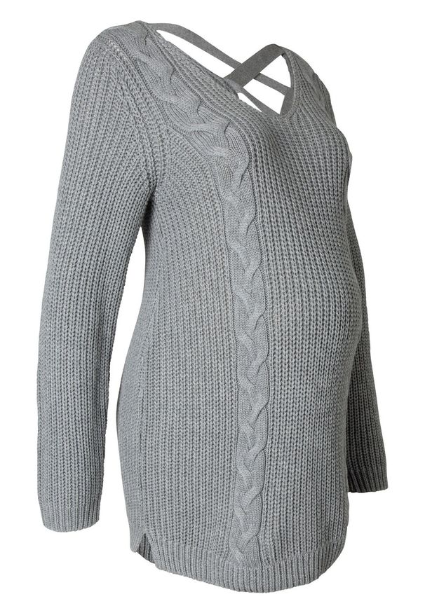 Długi sweter ciążowy bonprix szary melanż. Kolekcja: moda ciążowa. Kolor: szary. Materiał: materiał, bawełna, akryl. Długość: długie. Wzór: melanż