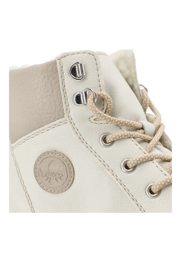 Białe Botki Rieker Ocieplane Obuwie Damskie. Okazja: na co dzień, na spacer. Zapięcie: sznurówki. Kolor: biały. Materiał: syntetyk, materiał. Sezon: zima, jesień. Styl: casual